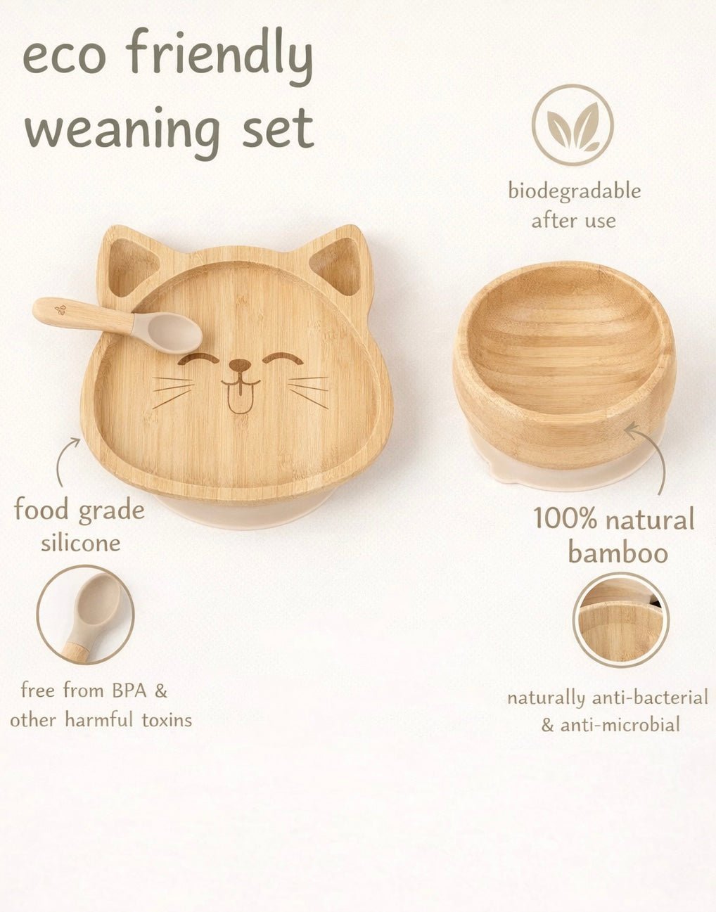 Bamboo Weaning Set, Cat Suction Plate, Bowl, Cup & Cutlery - Fumo Lifestyle