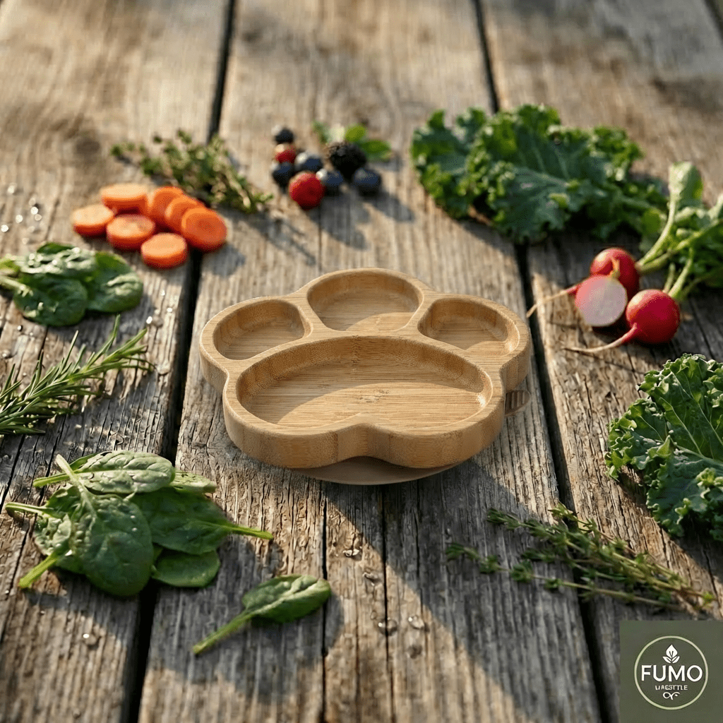Bamboo Weaning Set with Paw Suction Plate, Bowl, Cup & Cutlery - Fumo Lifestyle